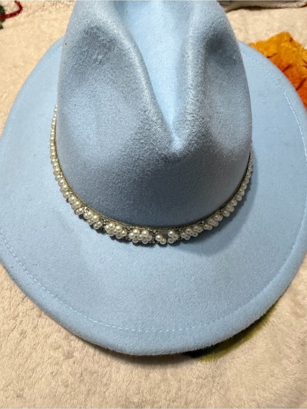Light Blue Pearl-Trim Fedora Hat - Women Accessories